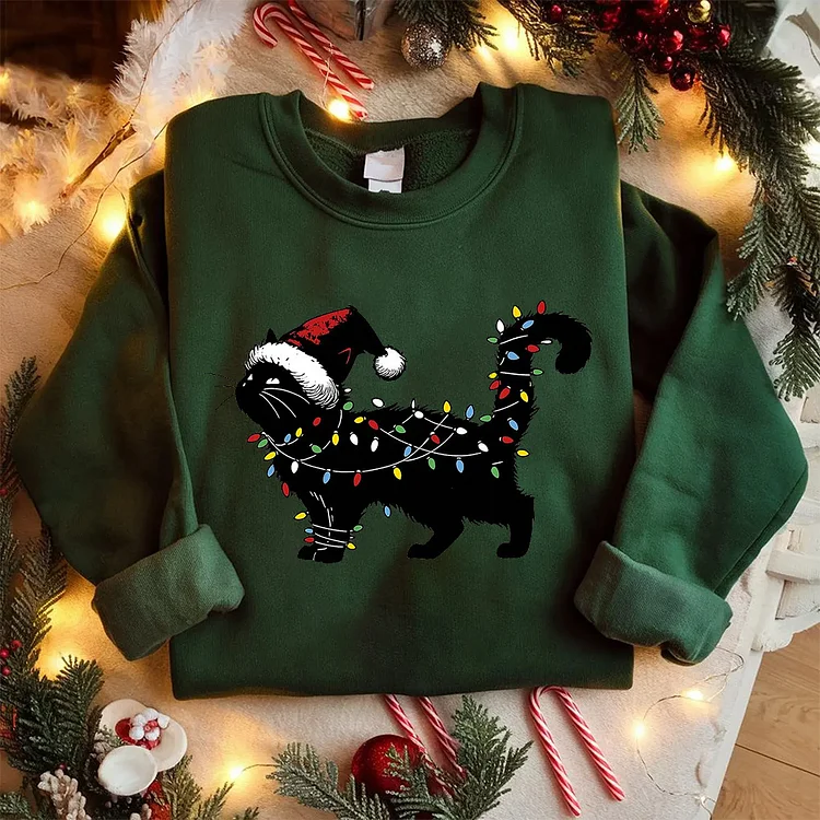 Funny Cat with Lights Sweatshirt, Womens Christmas Sweatshirt, Holiday Tee