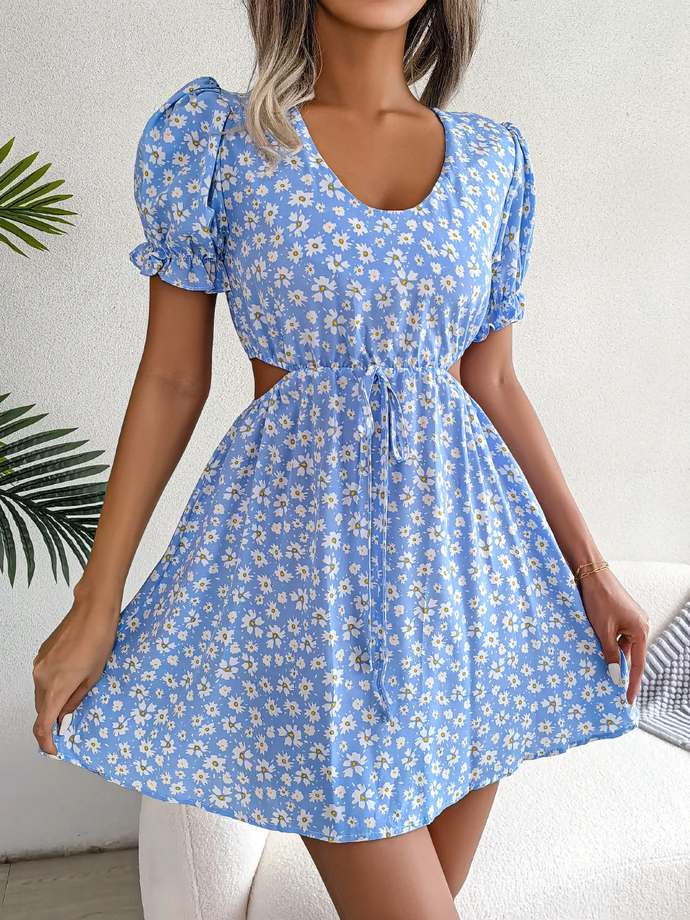 Elegant Floral Print Dress Women Summer Dresses New Casual Hollow Out Lace-up V-neck Short Puff Sleeve Mini Dress