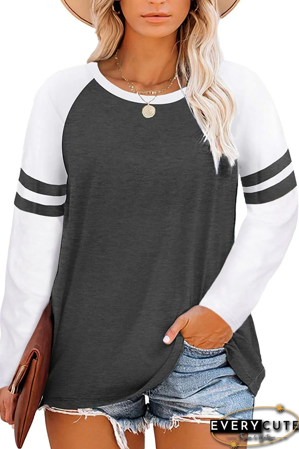 Gray Crewneck Striped Splicing Sleeve Patchwork Plus Size Top