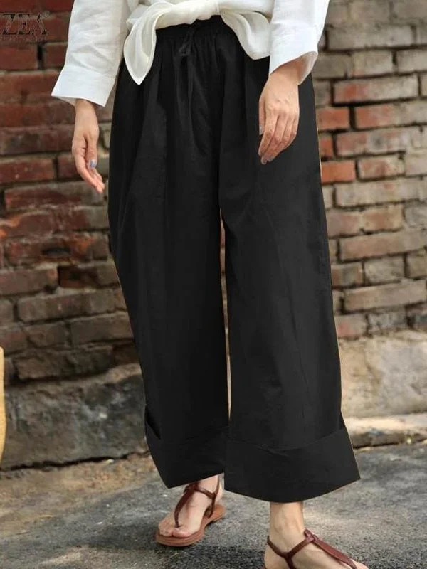 Solid Color Cropped Wide-Leg Pants