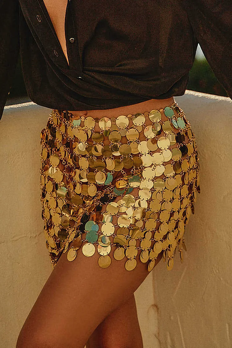 Chain Hollow Out Sequin Mini Skirt-Gold