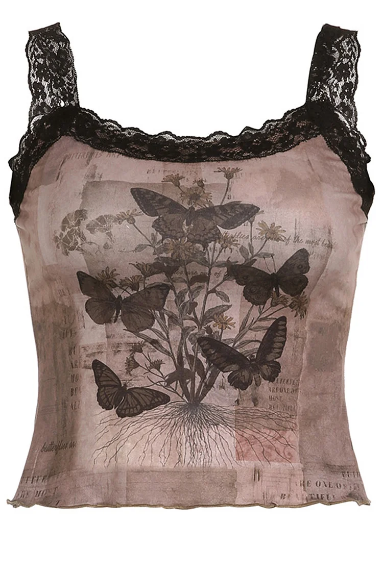 Gothic Brown Casual Lace Patchwork Branch Butterfly Print Tank Top