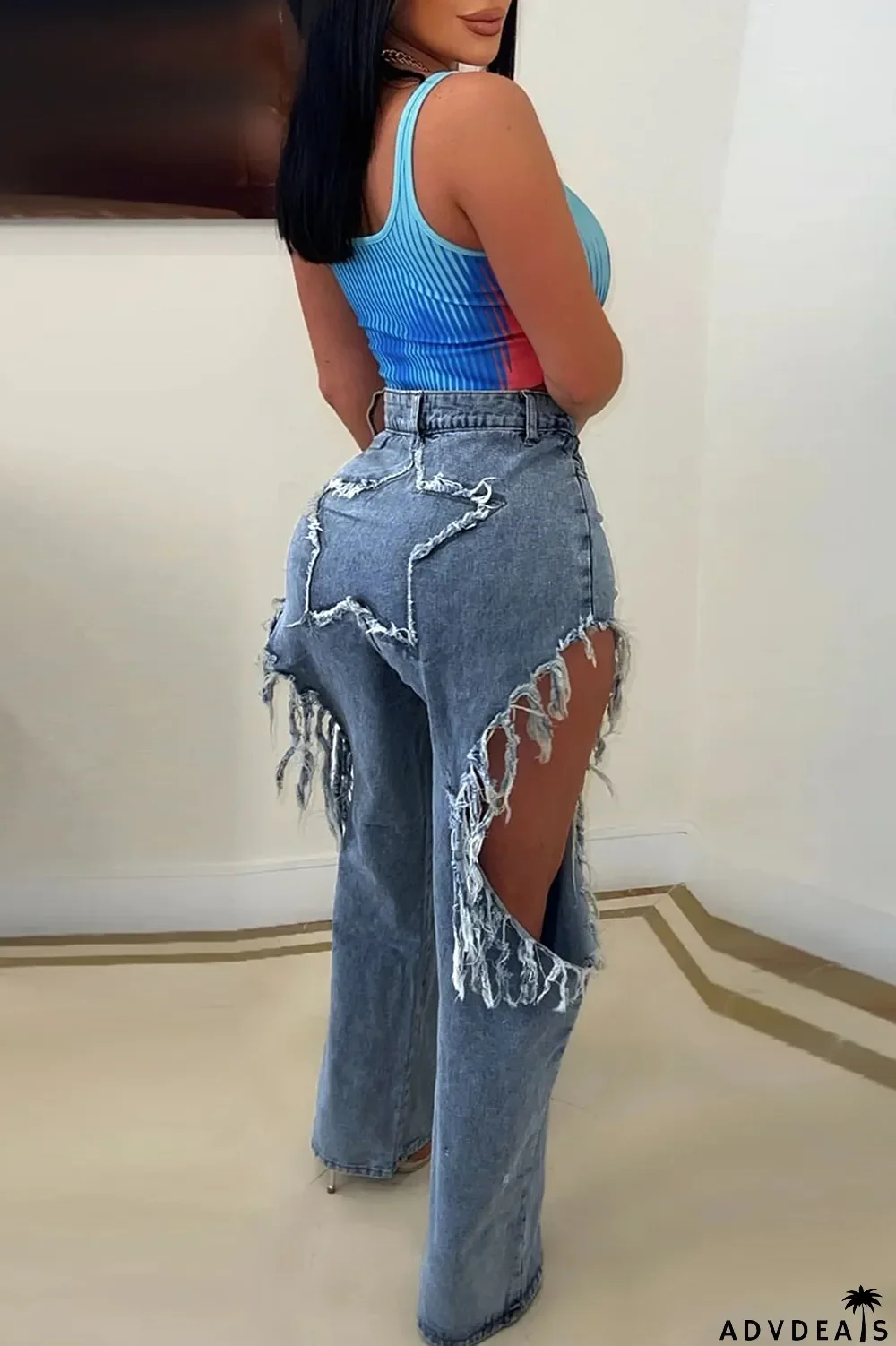 Blue Street Solid Tassel Ripped Make Old Patchwork High Waist Denim Jeans
