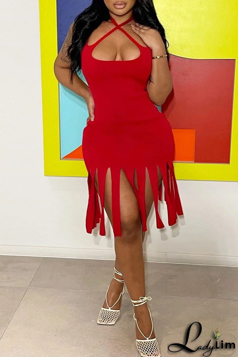 Black Sexy Solid Tassel Split Joint Pencil Skirt Dresses