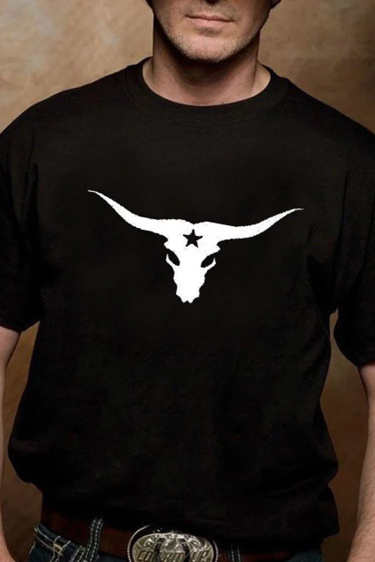 Casual Black Bull Tau Western Print T-Shirt