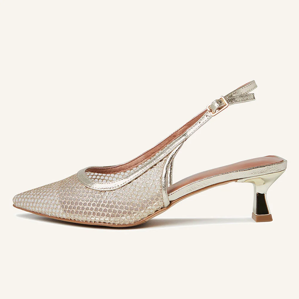 YDN Gold Glitter Mesh Pointed Toe Kitten Heel Slingback Pumps