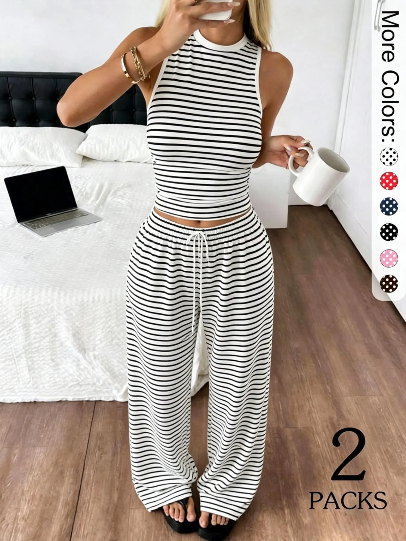2 Pack Women's Polka Dot Loungewear Set, Sleeveless High Neck Crop Top & Wide Leg Pants, Clean Girl Style Minimalist Summer Outfits with Drop Waist, Slim Fit Lingerie Outfit for Daily Wear & Casual Lounging