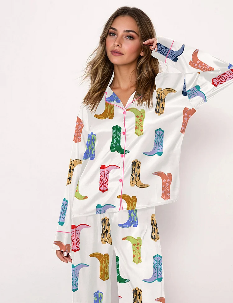 Women's Colorful Cowboy Boot Long Sleeve Pajama Set
