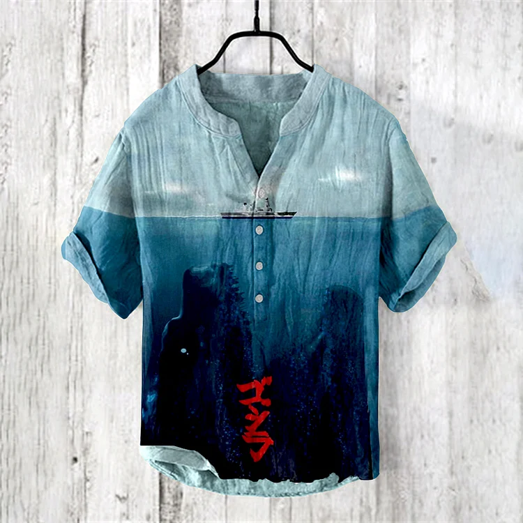 Vintage Godzilla In The Deep Sea Art  Linen Blend Shirt