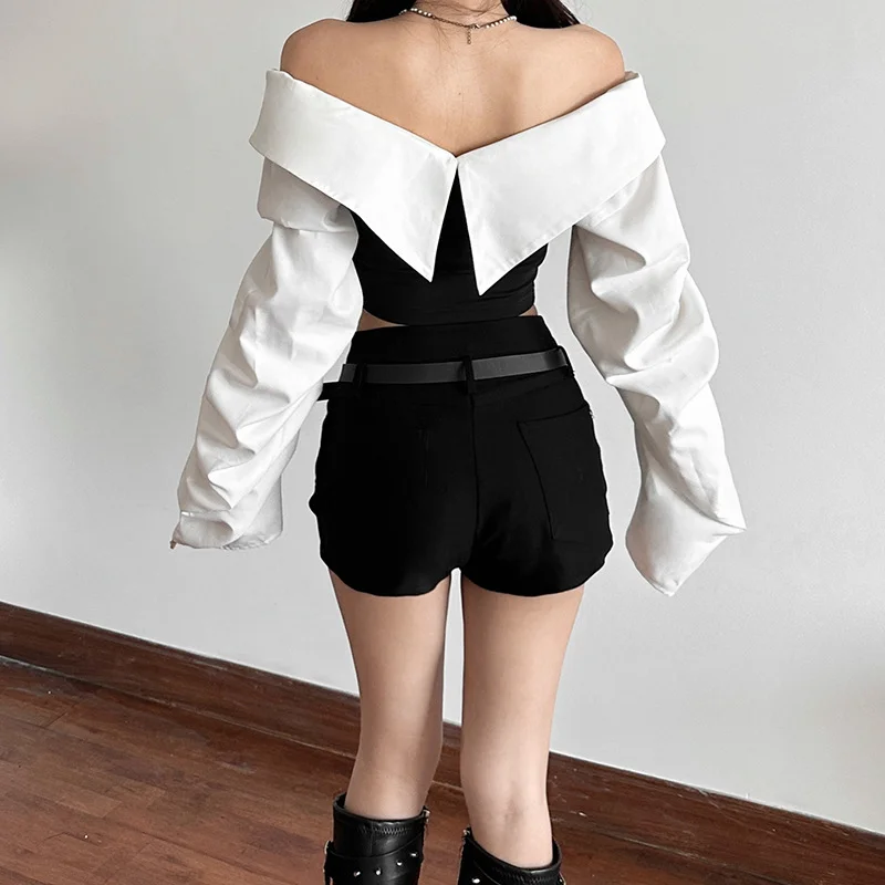 Churchf Autumn 2024 New Women's Clothing Sexy Body-Scuffed Shoulder-Collision To Receive Waist-Clothed Umbilly Tops