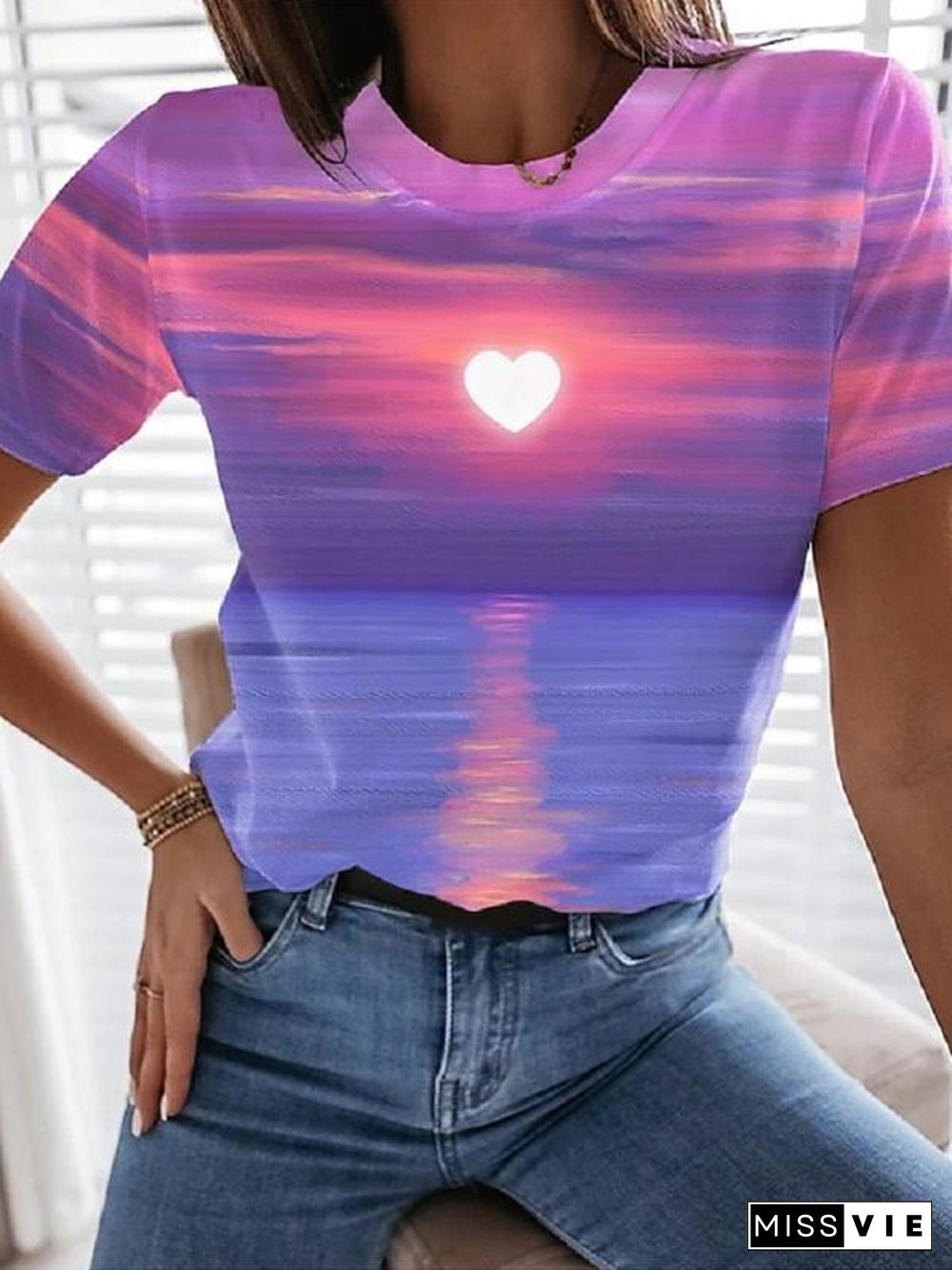 Sunset View Print Love Heart T-Shirt