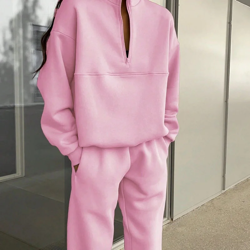 Women's Casual Loose Pullovers Zippers Elastic Waist Trousers Sweatshirt Tracksuit Sets