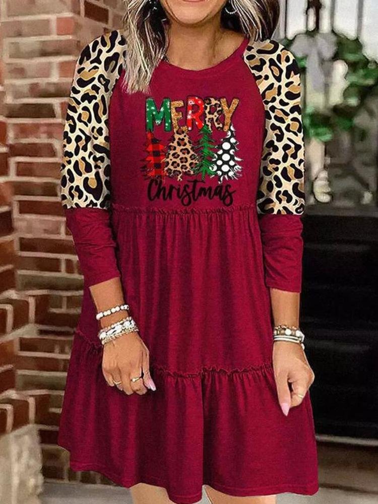Merry Christmas Leopard Plaid Tree Ruffle Dress