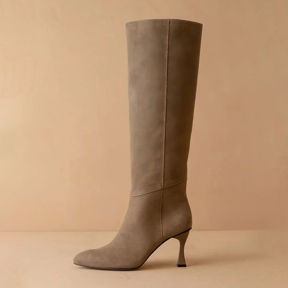 Vegan Suede Pointed Toe Flared Heel Tall Boots for Women in Dark Taupe