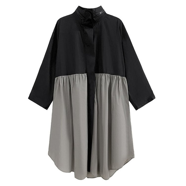 Stand Collar Patchwork Irregular Contrast Color Splicing Ruffle Mesh Yarn Long Sleeve Trench Coat
