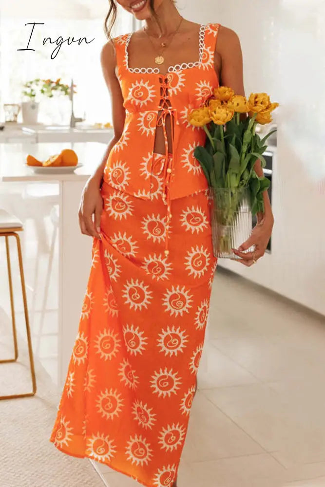 Ingvn - Sexy Floral Frenulum Slit Square Collar Sleeveless Two Pieces Tangerine Red / S