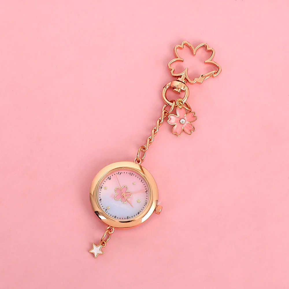 JIANWU Cute Cartoon Cat Sakura Pocket Watch Keychain Pendant Schoolbag Decoration Key Manager Jewelry Gift for Kids