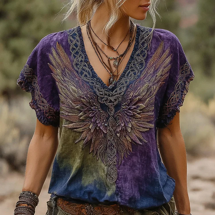 Women's Retro Viking Wings Gradient Art Linen T-shirt