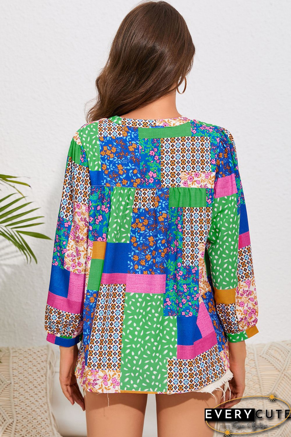 Multicolor Floral Patchwork Print Buttoned Puff Sleeve Shirt