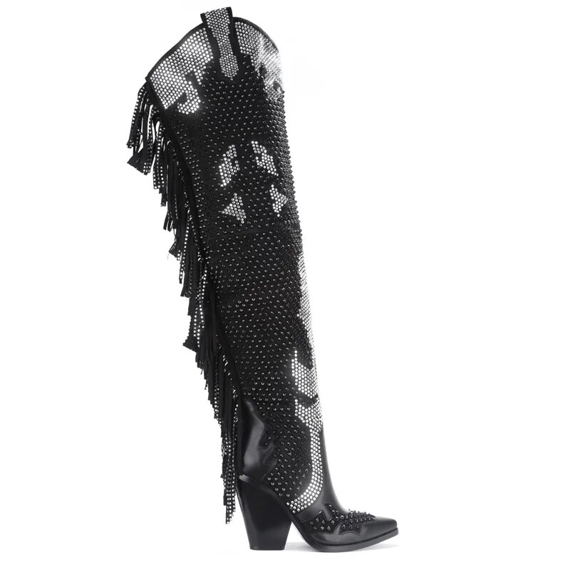 VCSHOES Long Boots Black Crystal Side Zipper Stiletto Heels Pointed Toe Over The Knee Women Big Size Shoes
