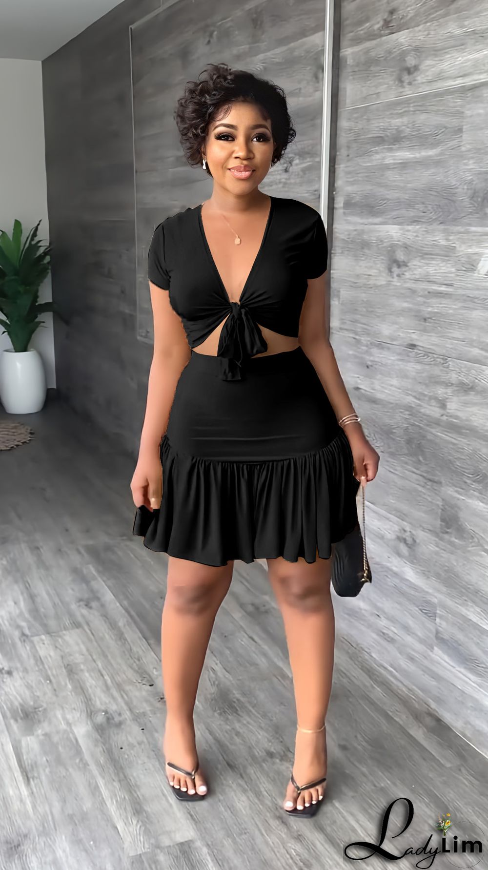 V Neck Short Sleeve Lace-Up T-Shirt Ruffle Skirt Casual Holidays Two-Piece Set