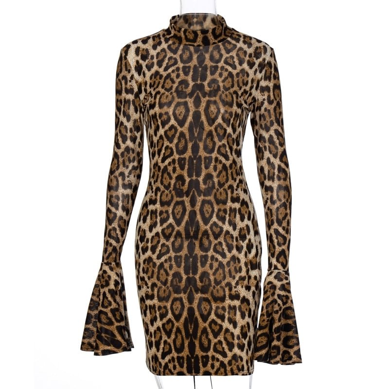 Hugcitar 2020 long flare sleeve leopard print sexy mini dress autumn winter women fashion streetwear outfits club wear