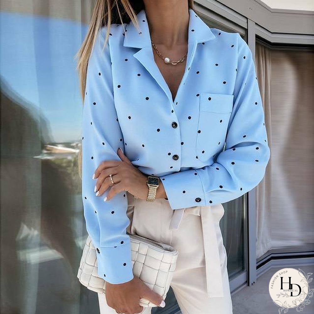 Pockets Polka Dot Printed Casual Women Blouse Ladies Long Sleeve Turn Down Collar Office Work Fashion Autumn Tops