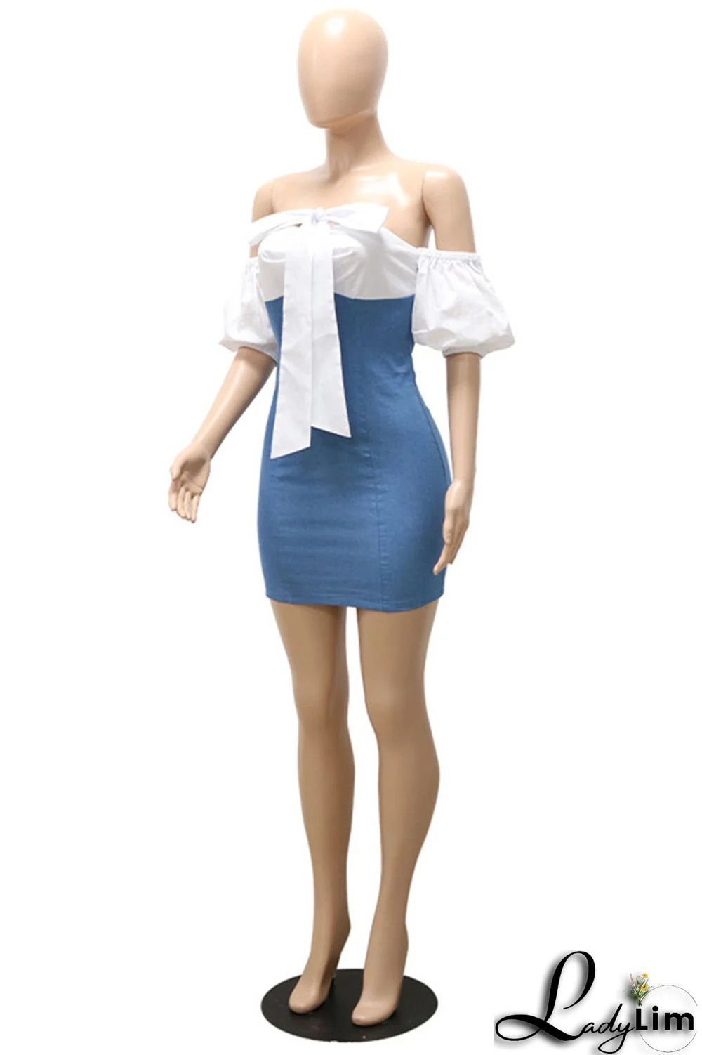 Blue Fashion Sexy Casual Solid Bandage Split Joint Backless Short Sleeve Dress