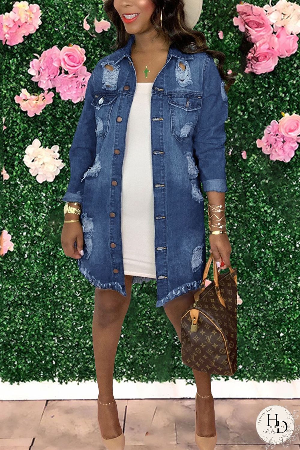 Baby Blue Fashion Casual Solid Ripped Turndown Collar Long Sleeve Regular Denim Coats