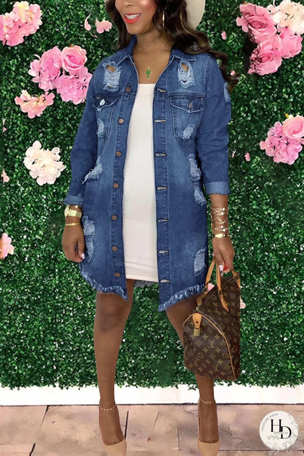 Baby Blue Fashion Casual Solid Ripped Turndown Collar Long Sleeve Regular Denim Coats