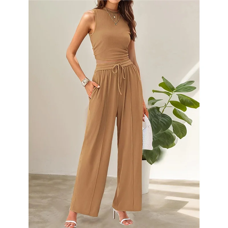 Athvotar Athvotar Summer Knitting Casual Suit Sleeveless Round Collar Short Repair Body Broad Leg Pants Two Sets