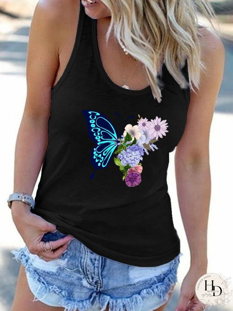 Crew Neck Butterfly Print Vest