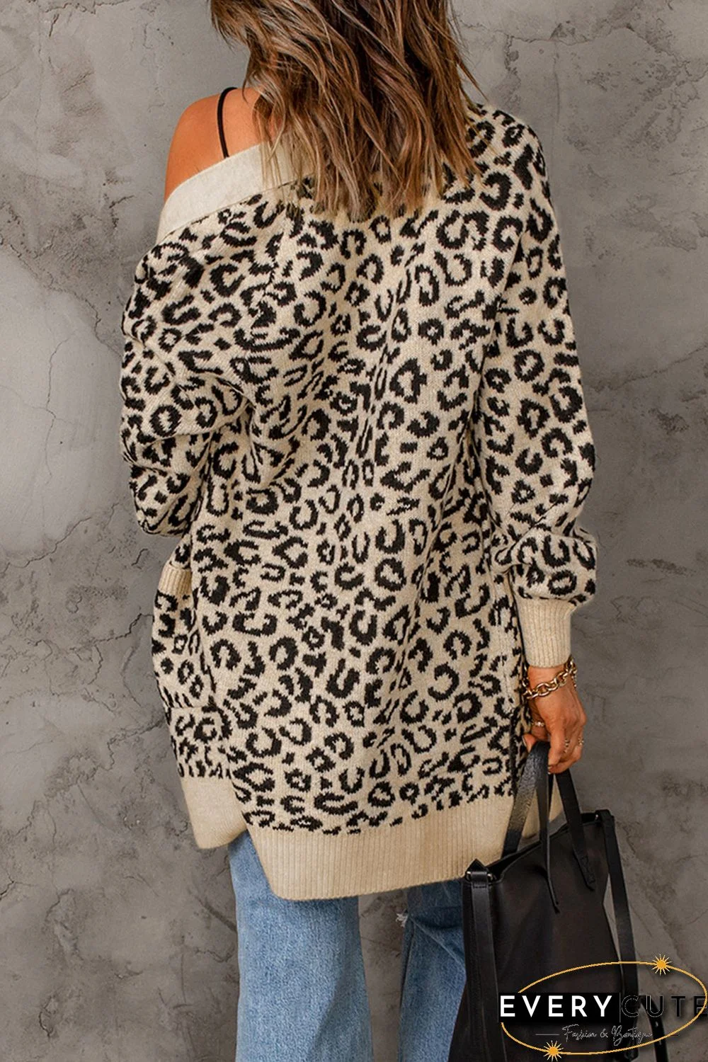 Leopard Knit Open Front Long Cardigan