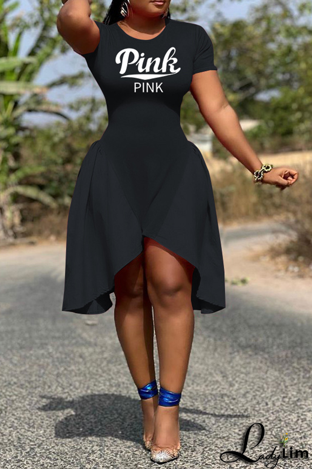 Orange Fashion Print Patchwork O Neck Irregular Dress Dresses