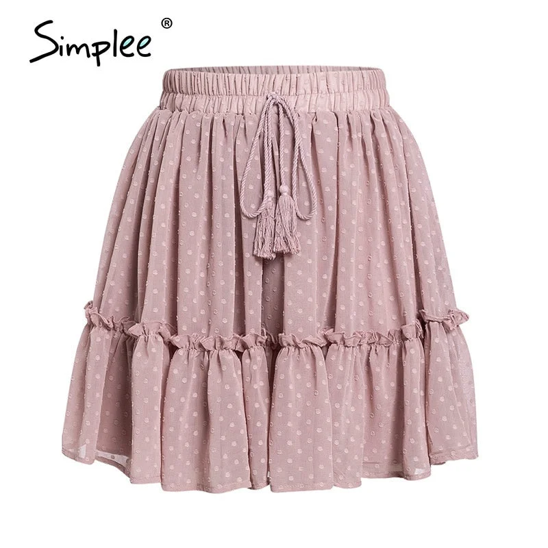 Simplee Casual polka dot mini women skirt High waist A line korean tassel pink summer skirt Sexy ruffle beach female skirts 2019