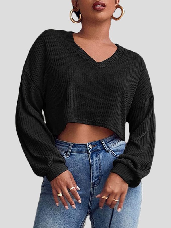Women's T-Shirts Solid V-Neck Crop Long Sleeve Knit T-Shirt MusePointer