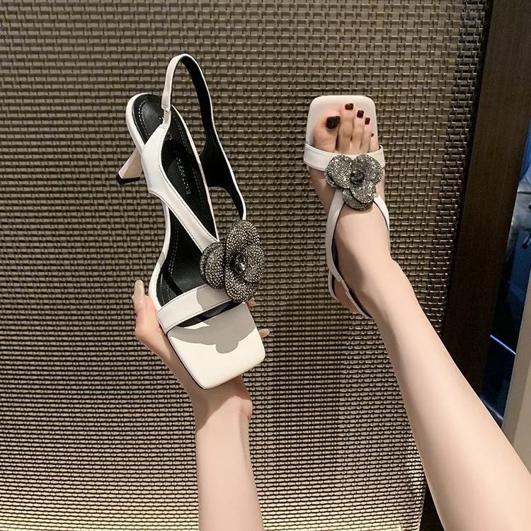 Uveng Uveng Water Drill Mountain Tea Flowers Loose With Exposed Toe High-Heeled Women's Fine Back Empty Sandals 2024 New Dress