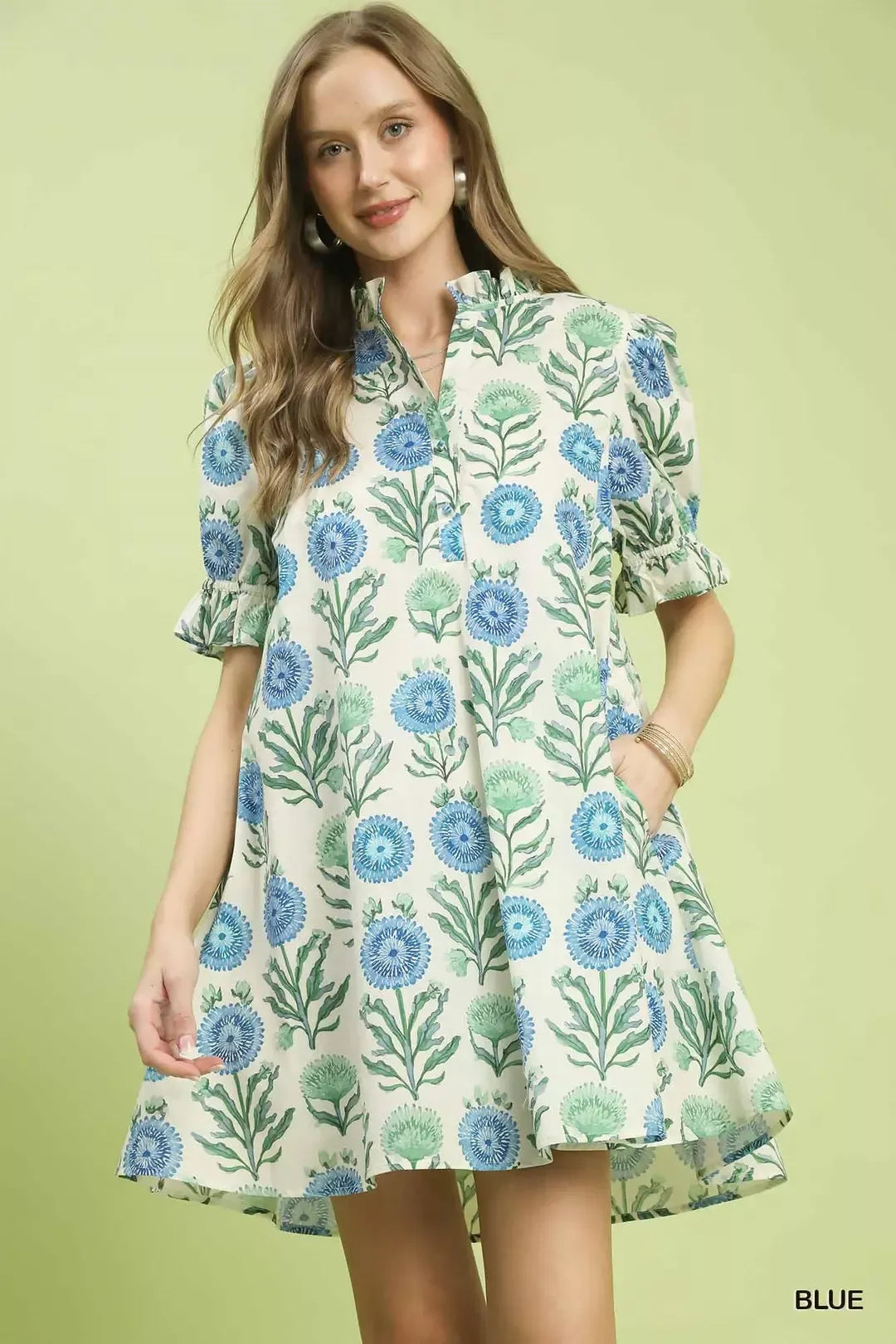 Umgee Floral Puff Sleeve Babydoll Dress with Side Pockets mysite idetrend