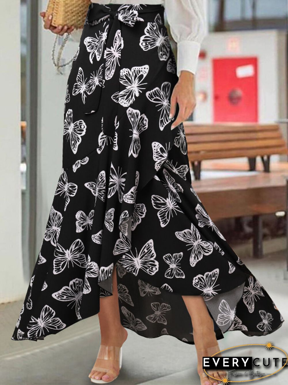 Butterfly Print Elastic Waist Ruffle Hem Mermaid Skirt