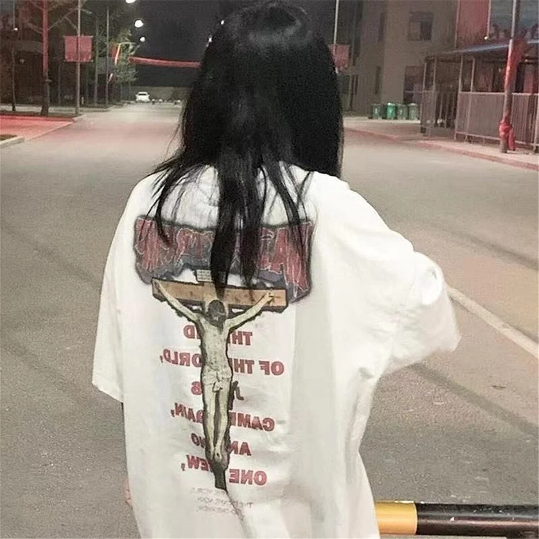 Lourdasprec Harajuku Hip Hop Women Oversized Clothing Punk Short Sleeve Cross T Shirt Streetwear Summer Femme Cool Ulzzang Gothic Tops Girl
