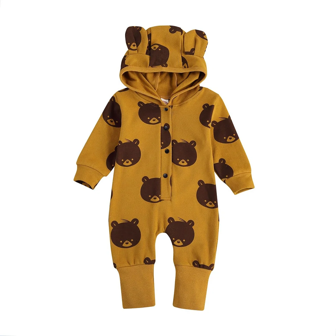 Toddler Baby Girls Boys Round Collar Hooded Ears Jumpsuits Suit Long Sleeve One Piece Bodysuit, Cartoon Printing Button Hoodie