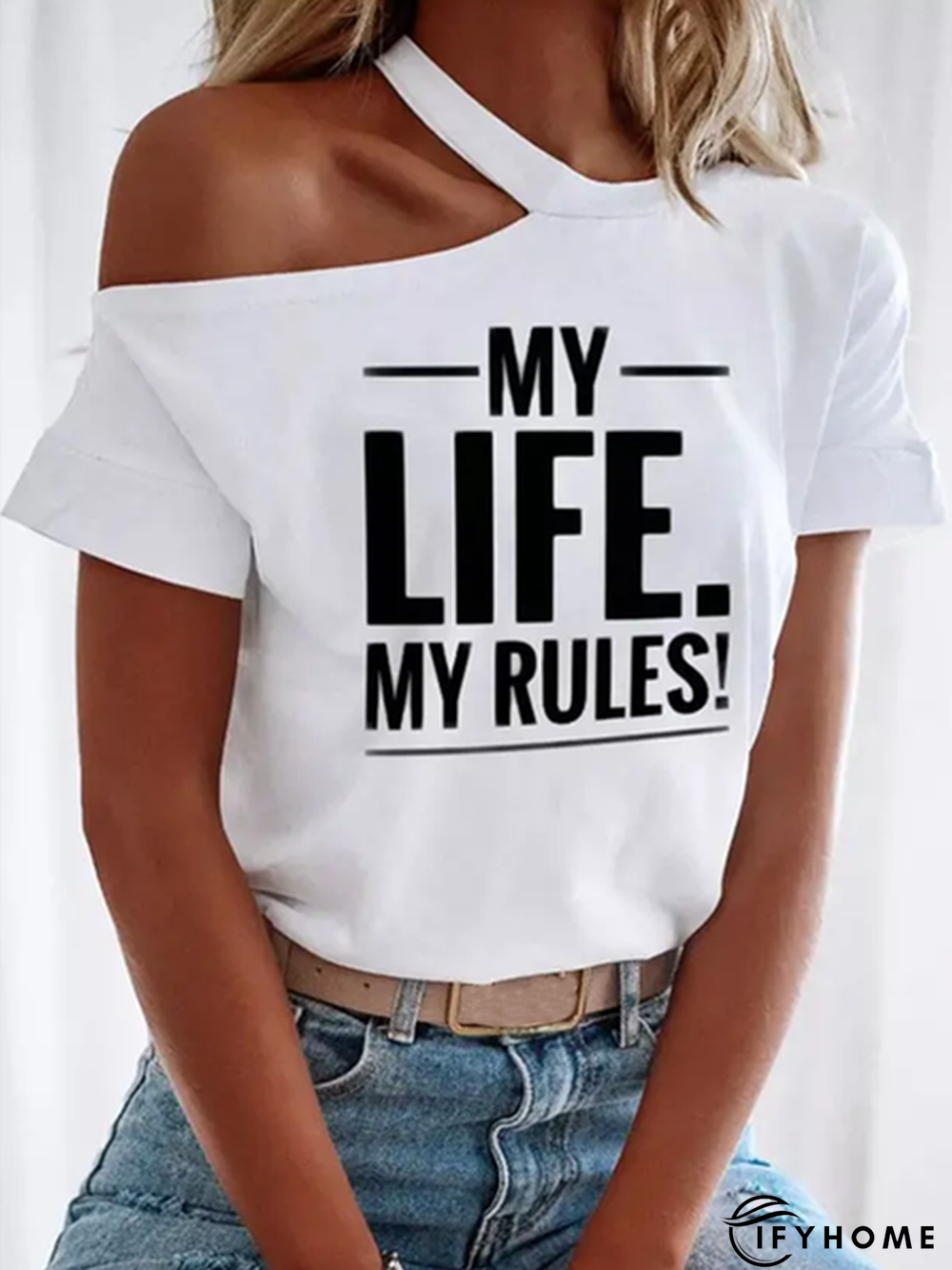 One Shoulder Letter Short Sleeve Casual T-Shirt | IFYHOME