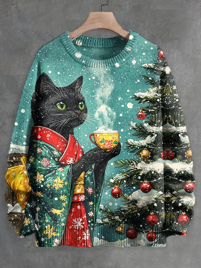 Men's Christmas Kimono Cat Drinks Hot Tea Art Print Knit Sweatshirt