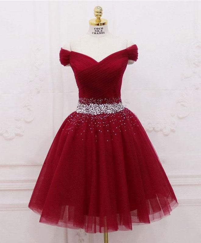 Burgundy Tulle Sequin Short Prom Dress, Burgundy Homecoming Dress A028