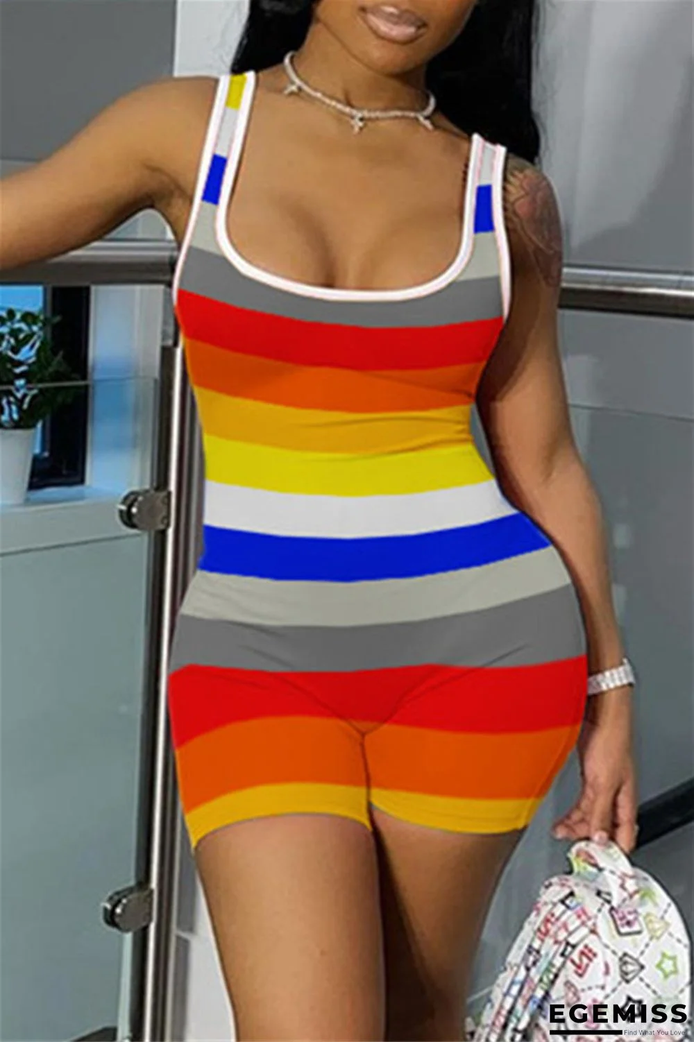 Colour Fashion Casual Striped Print Basic U Neck Skinny Romper | EGEMISS