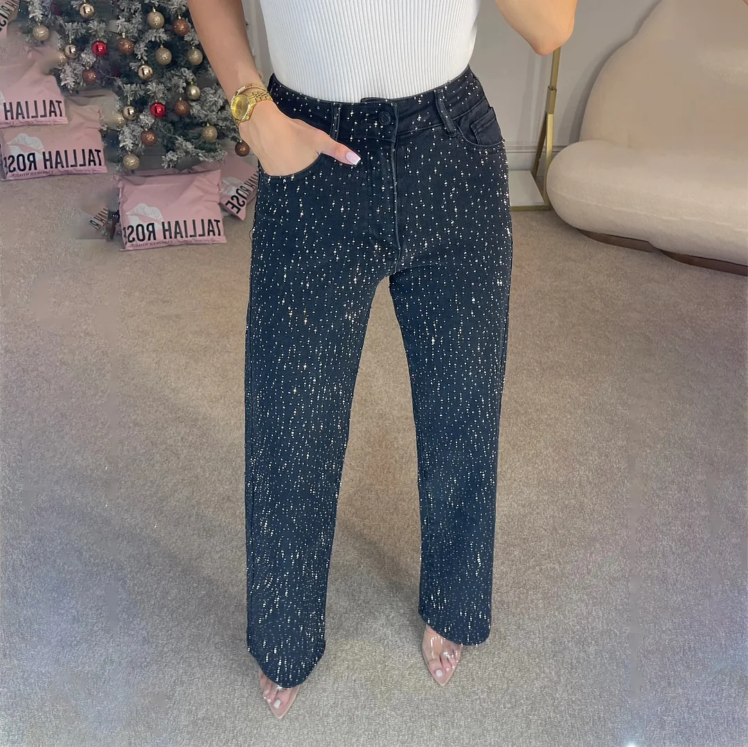 Athvotar Athvotar Industry Full Of Diamond Water Wash Jeans Women Senior Sense Low-Rise Straight Trousers Personality Hottie High Street Trousers