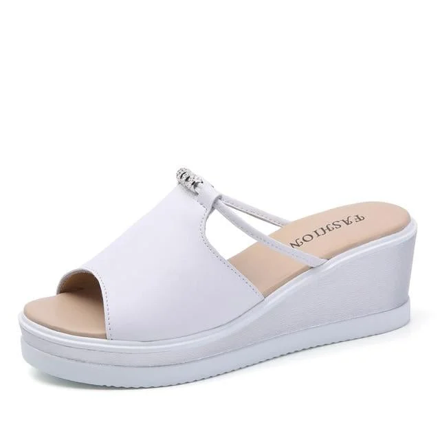 Women Heels Wedges Platform Leather Peep Toe Crystal Elegant Sandals