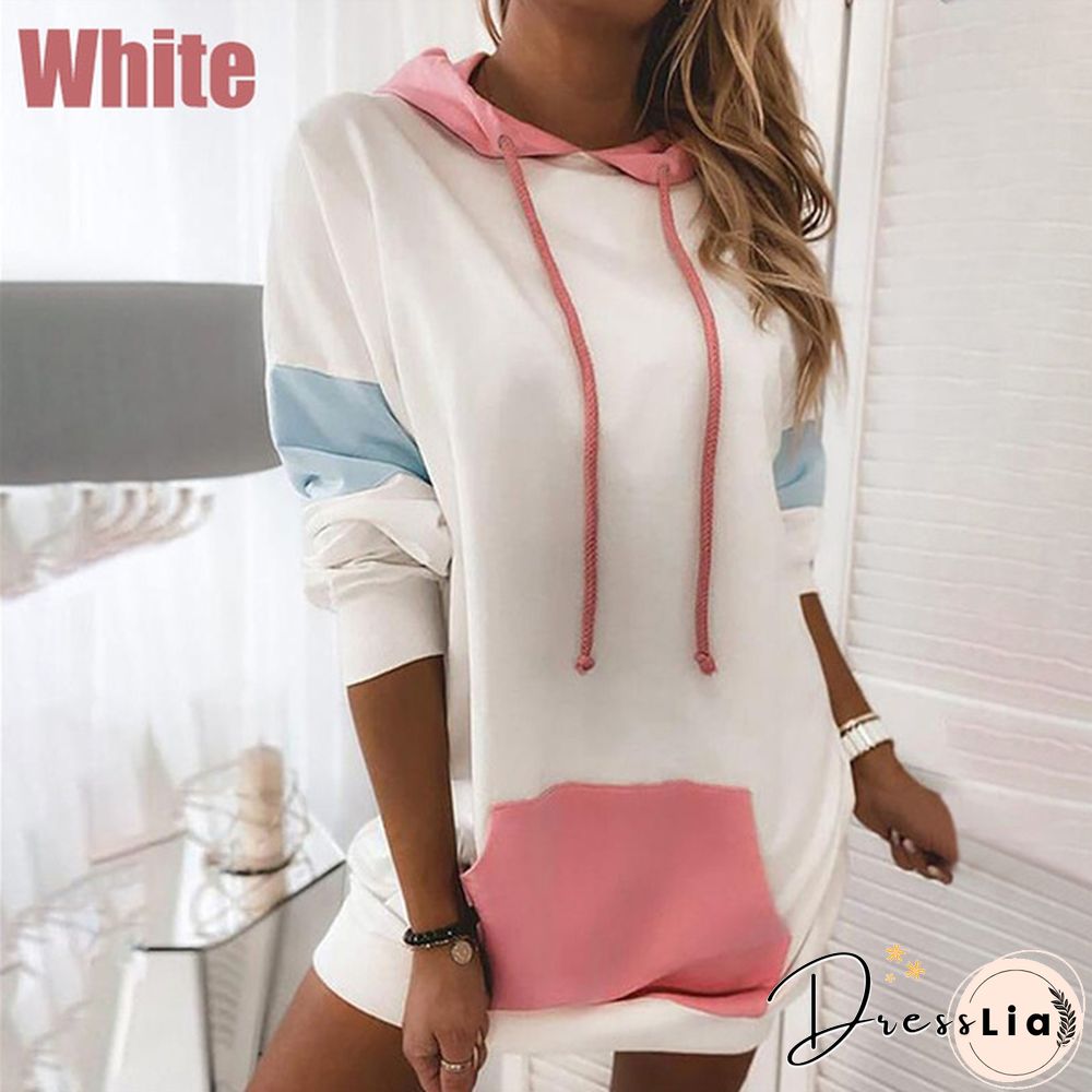 New Winter Womens Fashion Warm Loose Pullover Dress Long Sleeve Hoodies Color Block Mini