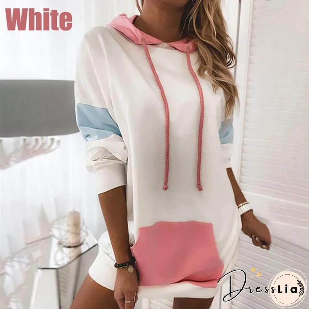 New Winter Womens Fashion Warm Loose Pullover Dress Long Sleeve Hoodies Color Block Mini
