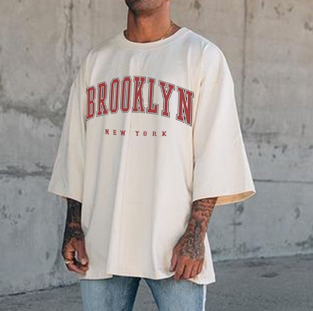 Men Vintage Brooklyn Print Three-quarter Sleeve T-shirt